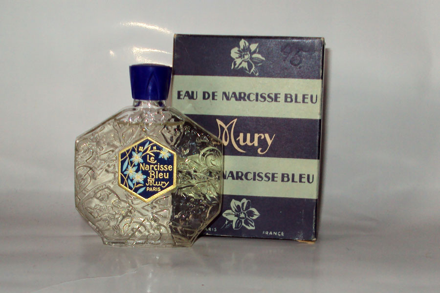 Flacon Eau de Narcisse Bleu de Mury Bouchon bakelite bleu 45 cc 80 % hauteur 8.7 cm 