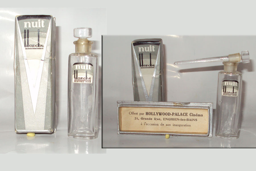 Flacon Nuit Blanche de Delettrez Bouchon tigette emeri Hautuer 8 cm Offert Par Hollywood Palace Cinéma à Enghien-les-Bains à l'occasion de son inauguration 