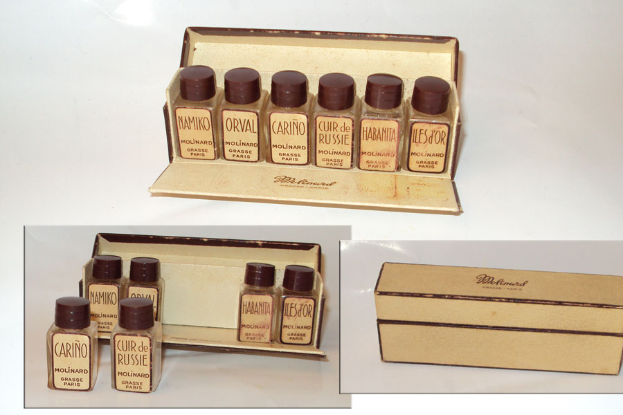Miniature Coffret de Molinard 6 petite miniatures bouchon bakelite brun et tétine caoutchouc : NAMOKO ORVAL CUIR DE RUSSIE CARINO HABANITA ILES D'OR Coffret 10 cm x 2 cm x 3.8 cm Hauteur des miniatures 3 cm  