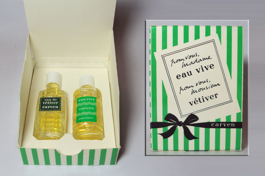Miniature Eau Vive et Vetiver de Carven Coffret Pour vous Madame et pour vous Monsieur hauteur des flacon 7 cm 